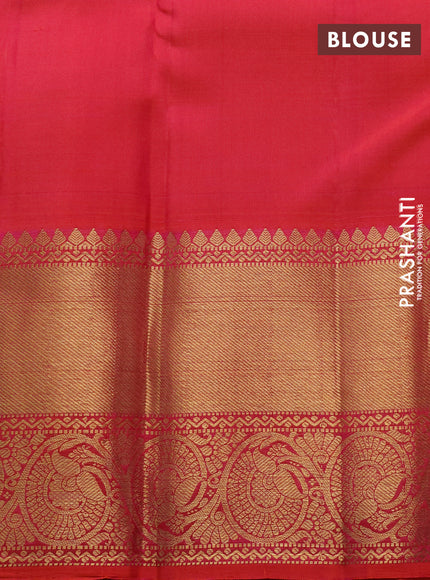 Pure kanchipuram silk saree dual shade of pinkish orange with allover zari weaves & buttas and long zari woven border