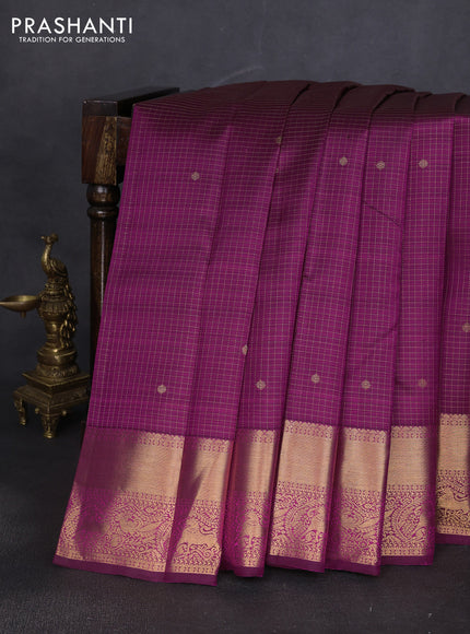 Pure kanchipuram silk saree purple with allover small zari checks & buttas and rich zari woven border