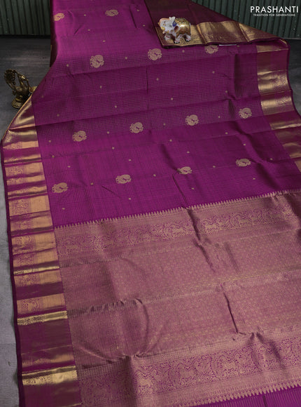 Pure kanchipuram silk saree purple with allover small zari checks & buttas and rich zari woven border