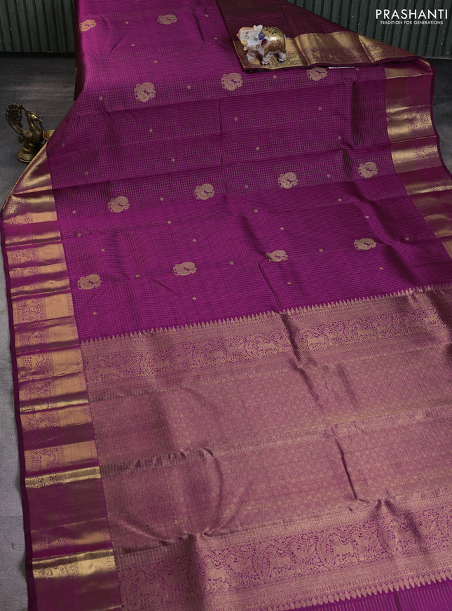 Pure kanchipuram silk saree purple with allover small zari checks & buttas and rich zari woven border