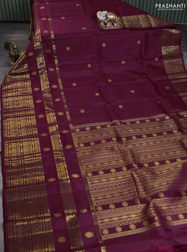 Pure kanchipuram silk saree wine shade with zari woven buttas and long zari woven border