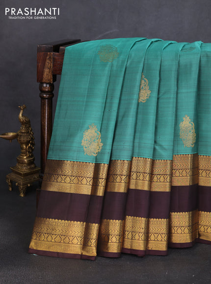 Pure kanchipuram silk saree teal green and coffee brown with zari woven buttas and long rettapet zari woven border