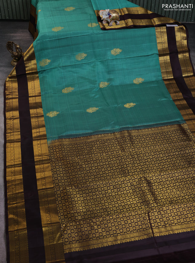 Pure kanchipuram silk saree teal green and coffee brown with zari woven buttas and long rettapet zari woven border