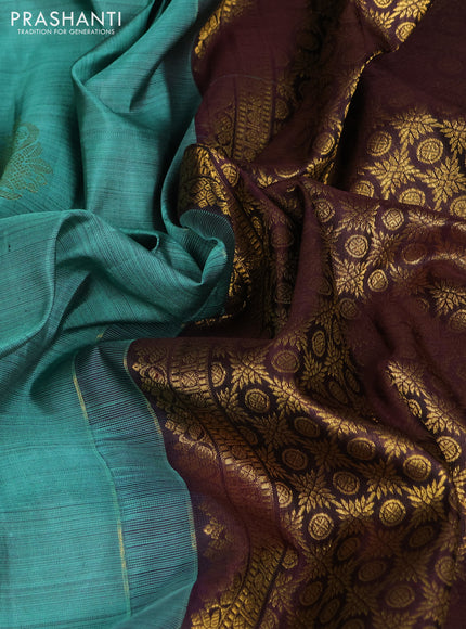 Pure kanchipuram silk saree teal green and coffee brown with zari woven buttas and long rettapet zari woven border