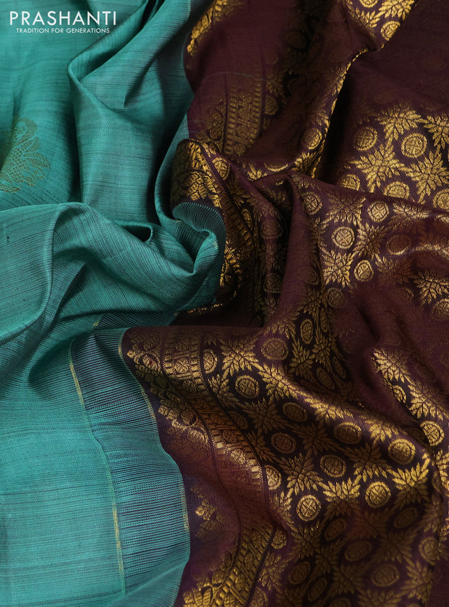 Pure kanchipuram silk saree teal green and coffee brown with zari woven buttas and long rettapet zari woven border
