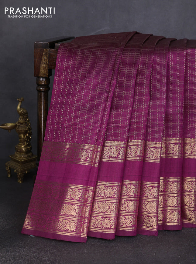 Pure kanchipuram silk saree purple with allover zari checks & buttas and long rettapet zari woven border