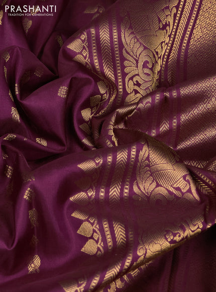 Pure kanchipuram silk saree wine shade with allover zari woven butta weaves and long rich zari woven border