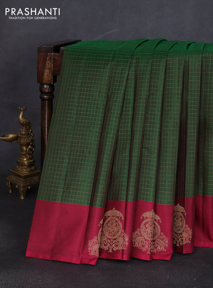 Pure kanchipuram silk saree green and dark pink with allover zari woven checked pattern and zari woven butta border