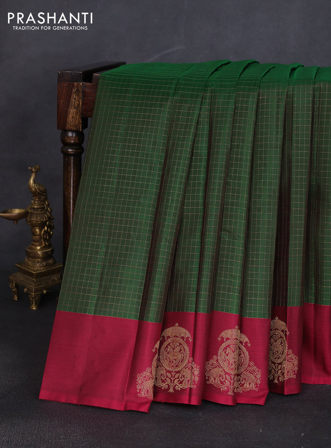 Pure kanchipuram silk saree green and dark pink with allover zari woven checked pattern and zari woven butta border