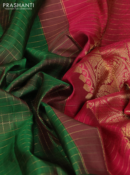 Pure kanchipuram silk saree green and dark pink with allover zari woven checked pattern and zari woven butta border