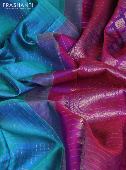 Pure kanchipuram silk saree cs blue and purple with allover zari woven checked pattern and zari woven butta border