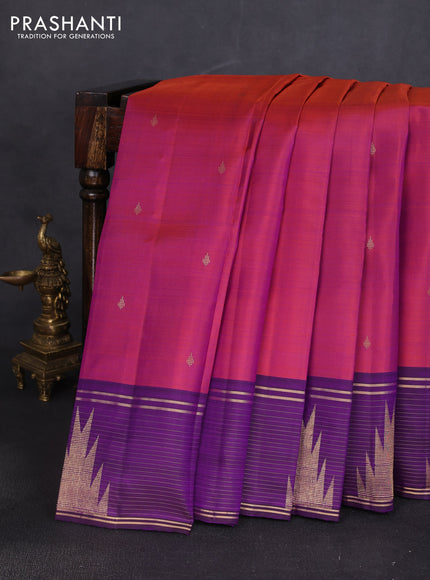 Pure kanchipuram silk saree dual shade of pinkish orange and purple with zari woven buttas and zari woven temple design border