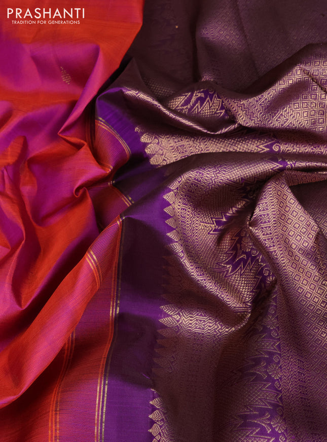 Pure kanchipuram silk saree dual shade of pinkish orange and purple with zari woven buttas and zari woven temple design border