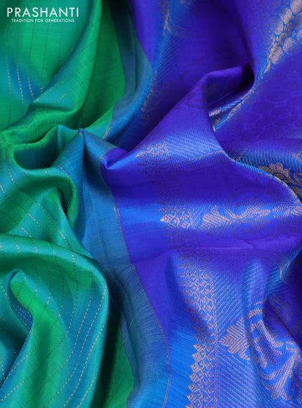 Pure kanchipuram silk saree teal green and blue with allover zari stripe pattern and zari woven butta border