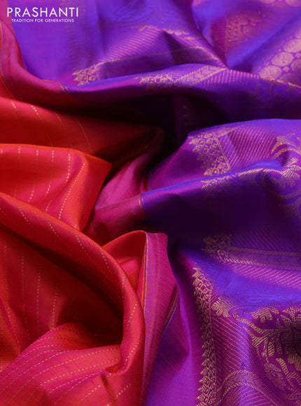 Pure kanchipuram silk saree dual shade of orange and purple with allover zari stripe pattern and zari woven butta border