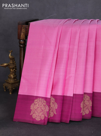 Pure kanchipuram silk saree light pink and dark magenta pink with allover zari stripe pattern and zari woven butta border