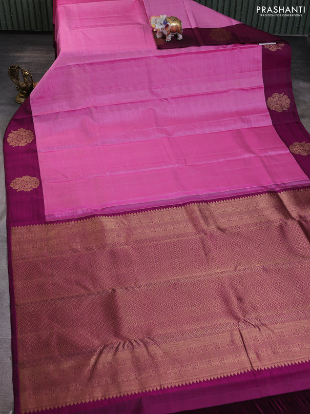 Pure kanchipuram silk saree light pink and dark magenta pink with allover zari stripe pattern and zari woven butta border