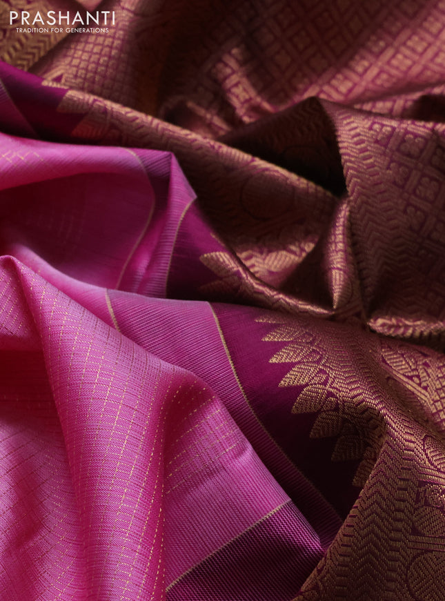 Pure kanchipuram silk saree light pink and dark magenta pink with allover zari stripe pattern and zari woven butta border