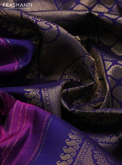 Pure kanchipuram silk saree purple and dark blue with allover zari stripe pattern and zari woven paisley butta border