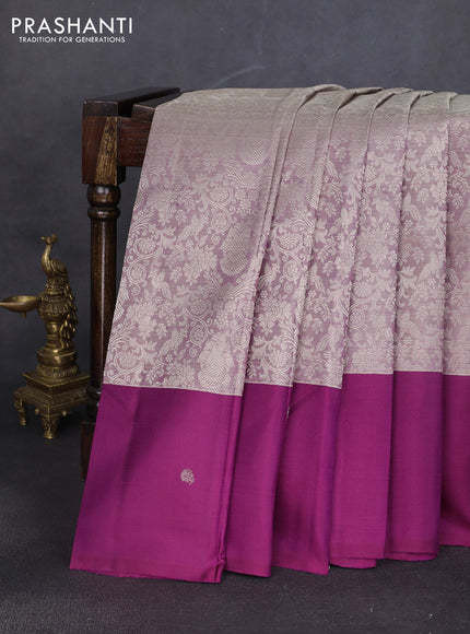 Pure kanchipuram silk saree dual shade of pastel grey and purple with allover zari woven brocade weaves and zari woven butta border