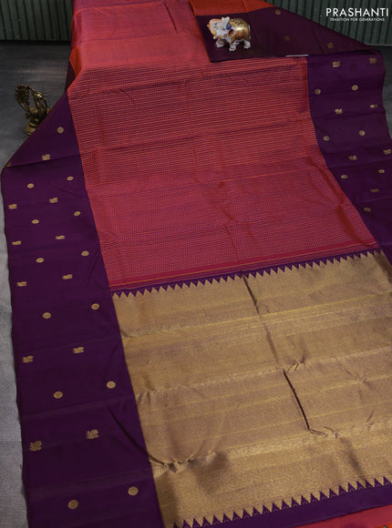 Pure kanchipuram silk saree rustic orange and deep purple with allover zari woven brocade weaves and zari woven butta border