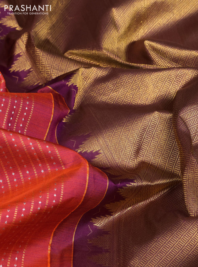 Pure kanchipuram silk saree rustic orange and deep purple with allover zari woven brocade weaves and zari woven butta border