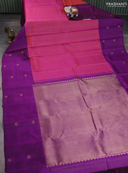 Pure kanchipuram silk saree dual shade of pinkish orange and purple with allover small zari checked pattern and long zari woven butta border