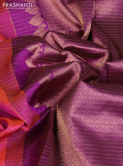 Pure kanchipuram silk saree dual shade of pinkish orange and purple with allover small zari checked pattern and long zari woven butta border