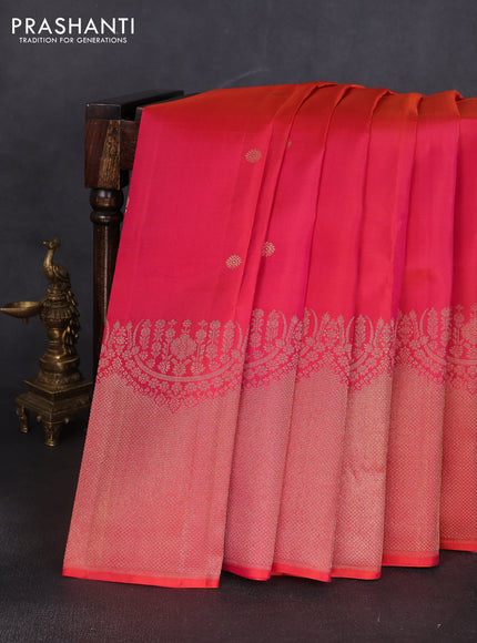 Pure kanchipuram silk saree dual shade of pinkish orange with annam & rudhraksha zari woven buttas and long zari woven border