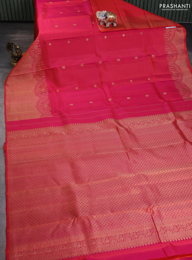 Pure kanchipuram silk saree dual shade of pinkish orange with annam & rudhraksha zari woven buttas and long zari woven border