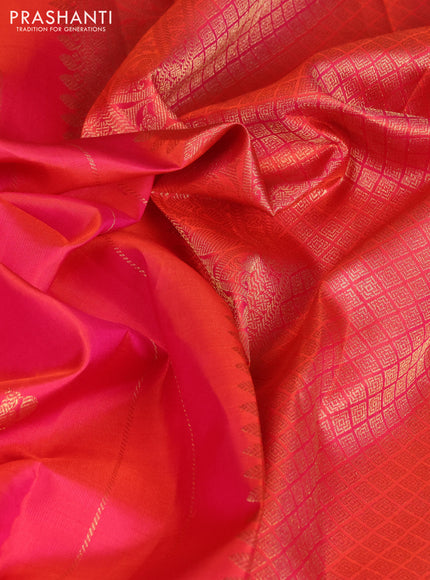 Pure kanchipuram silk saree dual shade of pinkish orange with annam & rudhraksha zari woven buttas and long zari woven border