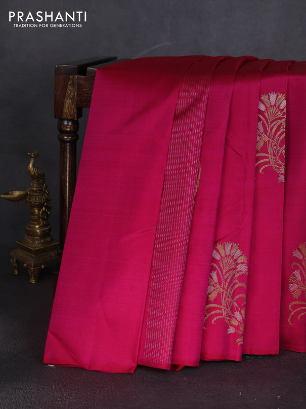 Pure kanchipuram silk saree pink and dark green with allover zari weaves & buttas in borderless style