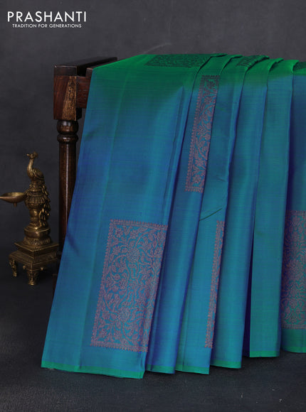 Pure kanchipuram silk saree dual shade of bluish green with box type zari woven buttas in borderless style