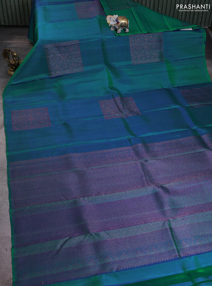 Pure kanchipuram silk saree dual shade of bluish green with box type zari woven buttas in borderless style