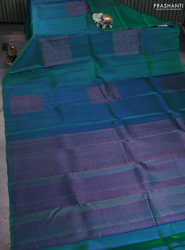 Pure kanchipuram silk saree dual shade of bluish green with box type zari woven buttas in borderless style