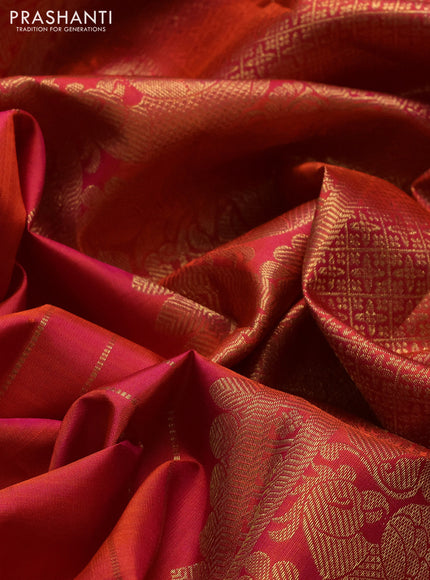 Pure kanchipuram silk saree dual shade of pinkish orange with zari woven buttas and long zari woven border