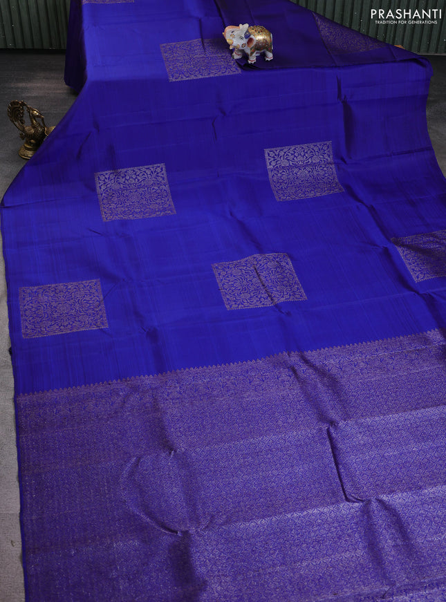 Pure kanchipuram silk saree blue with box type zari woven buttas in borderless style