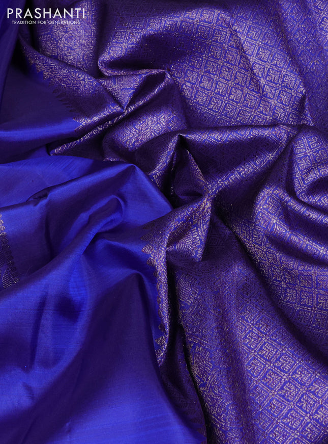 Pure kanchipuram silk saree blue with box type zari woven buttas in borderless style