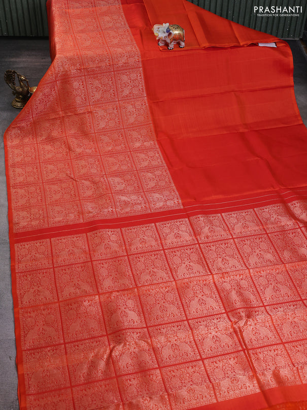 Pure kanchipuram silk saree orange with half & half style and long zari woven border
