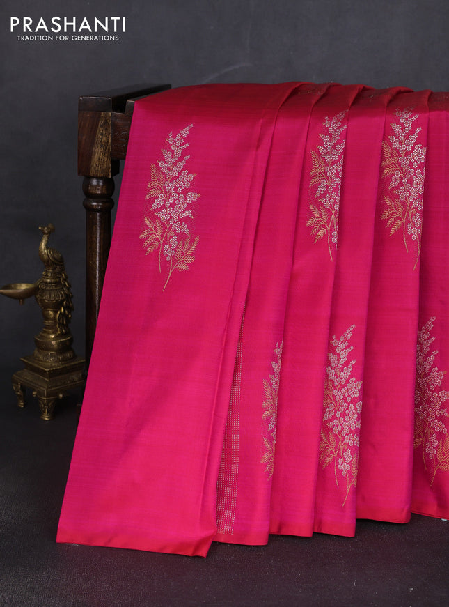 Pure kanchipuram silk saree dual shade of pink with allover silver & gold zari weaves in borderless style