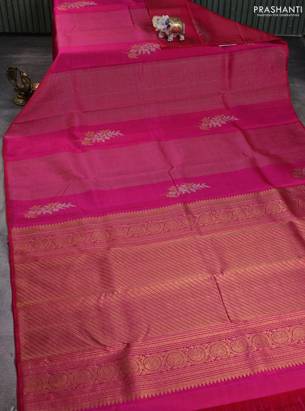 Pure kanchipuram silk saree dual shade of pink with allover silver & gold zari weaves in borderless style