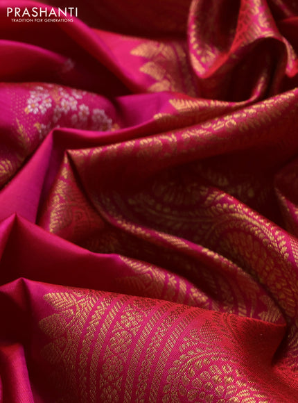 Pure kanchipuram silk saree dual shade of pink with allover silver & gold zari weaves in borderless style