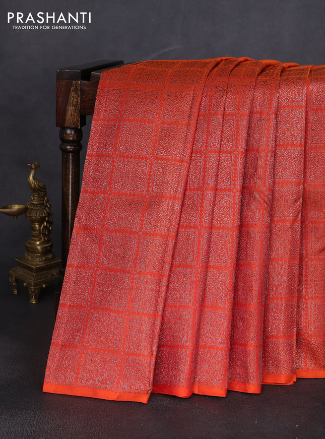 Pure kanchipuram silk saree orange with half & half style and long zari woven border