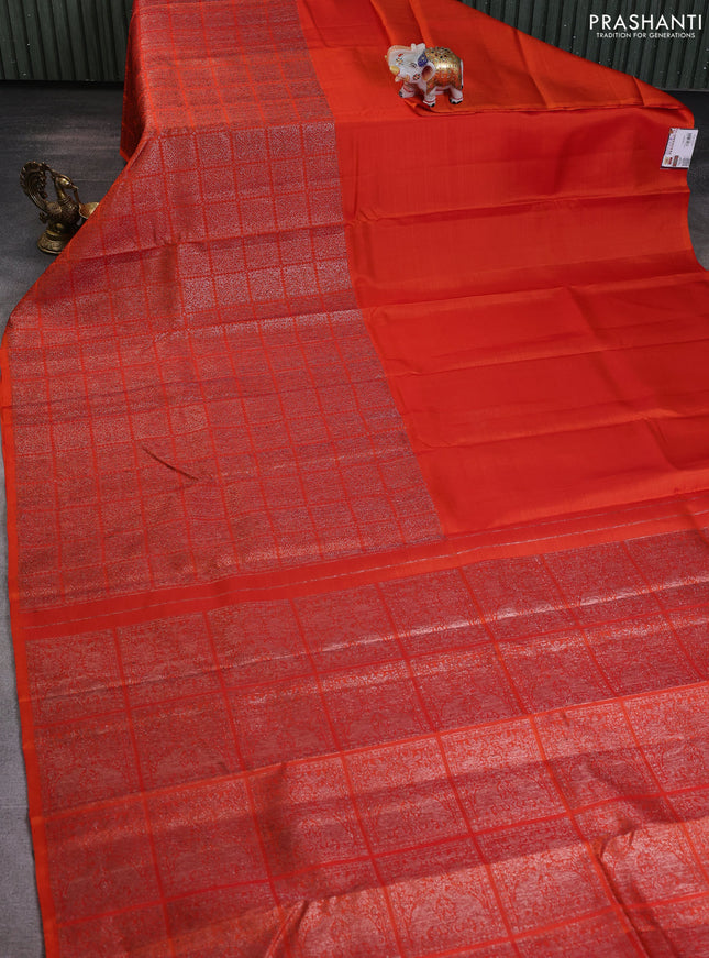 Pure kanchipuram silk saree orange with half & half style and long zari woven border
