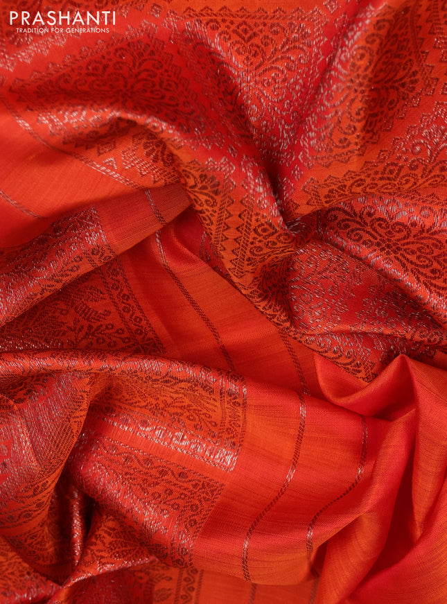 Pure kanchipuram silk saree orange with half & half style and long zari woven border