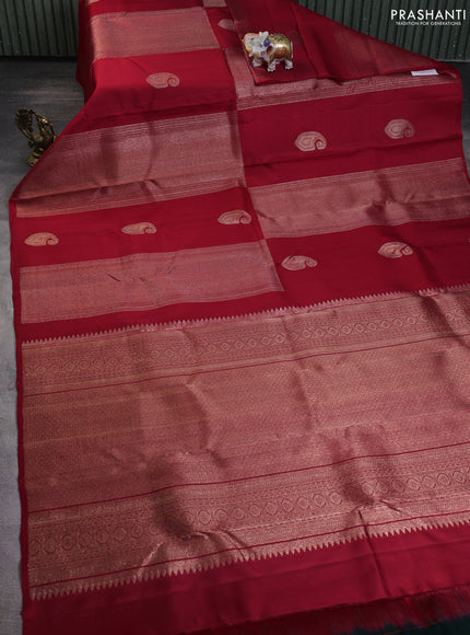 Pure kanchipuram silk saree red and bottle green with allover zari weaves & buttas in borderless style
