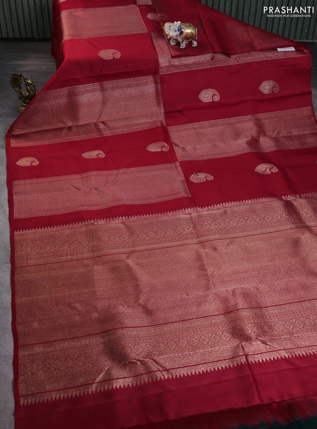 Pure kanchipuram silk saree red and bottle green with allover zari weaves & buttas in borderless style