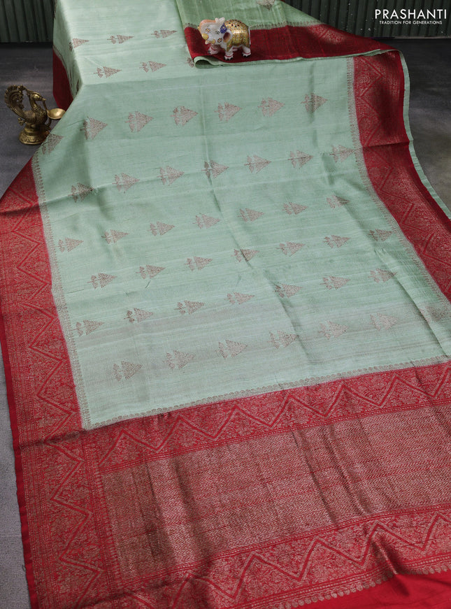 Banarasi raw silk saree pastel green and red with thread & zari woven buttas and woven border