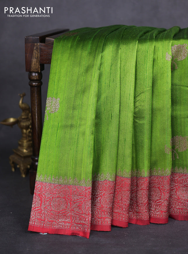 Banarasi raw silk saree green and maroon with thread & zari woven buttas and woven border