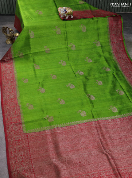 Banarasi raw silk saree green and maroon with thread & zari woven buttas and woven border